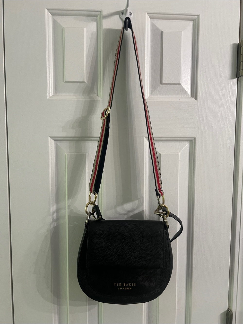 Ted Baker Black Pebble Leather Crossbody with Striped Webbing Strap